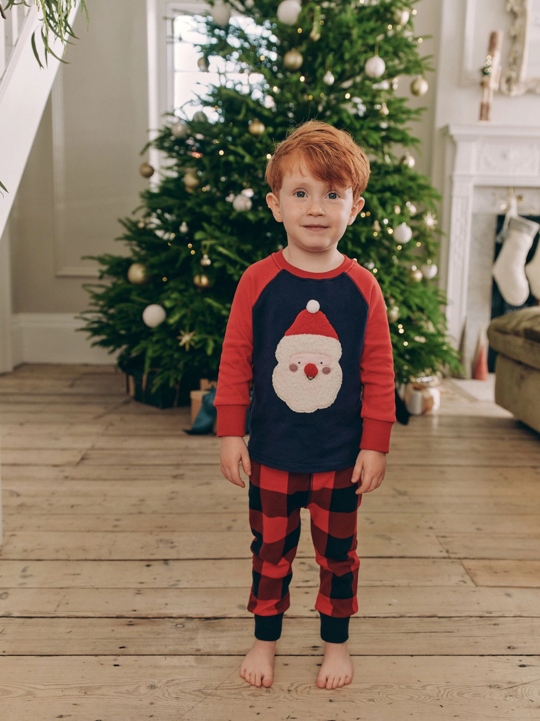 Marineblauw/rode kerstman met ruiten - 100% katoenen kerstpyjama (9 mnd - 12 jr)