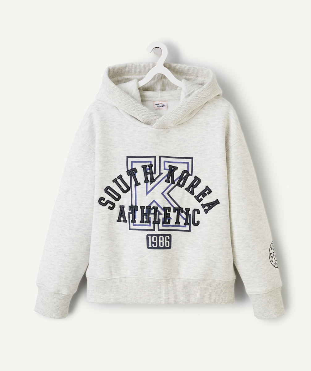 SWEAT À CAPUCHE GARÇON EN FIBRES RECYCLÉES GRIS CHINÉ THÈME SPORT