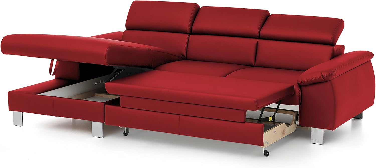 Mivano Ecksofa Micky mit Recamiere / L-Form-Sofa mit Schlaffunktion, Bettkasten und Kopfteilverstellung / 244 x 72 x 166 / Kunstleder, Rot
