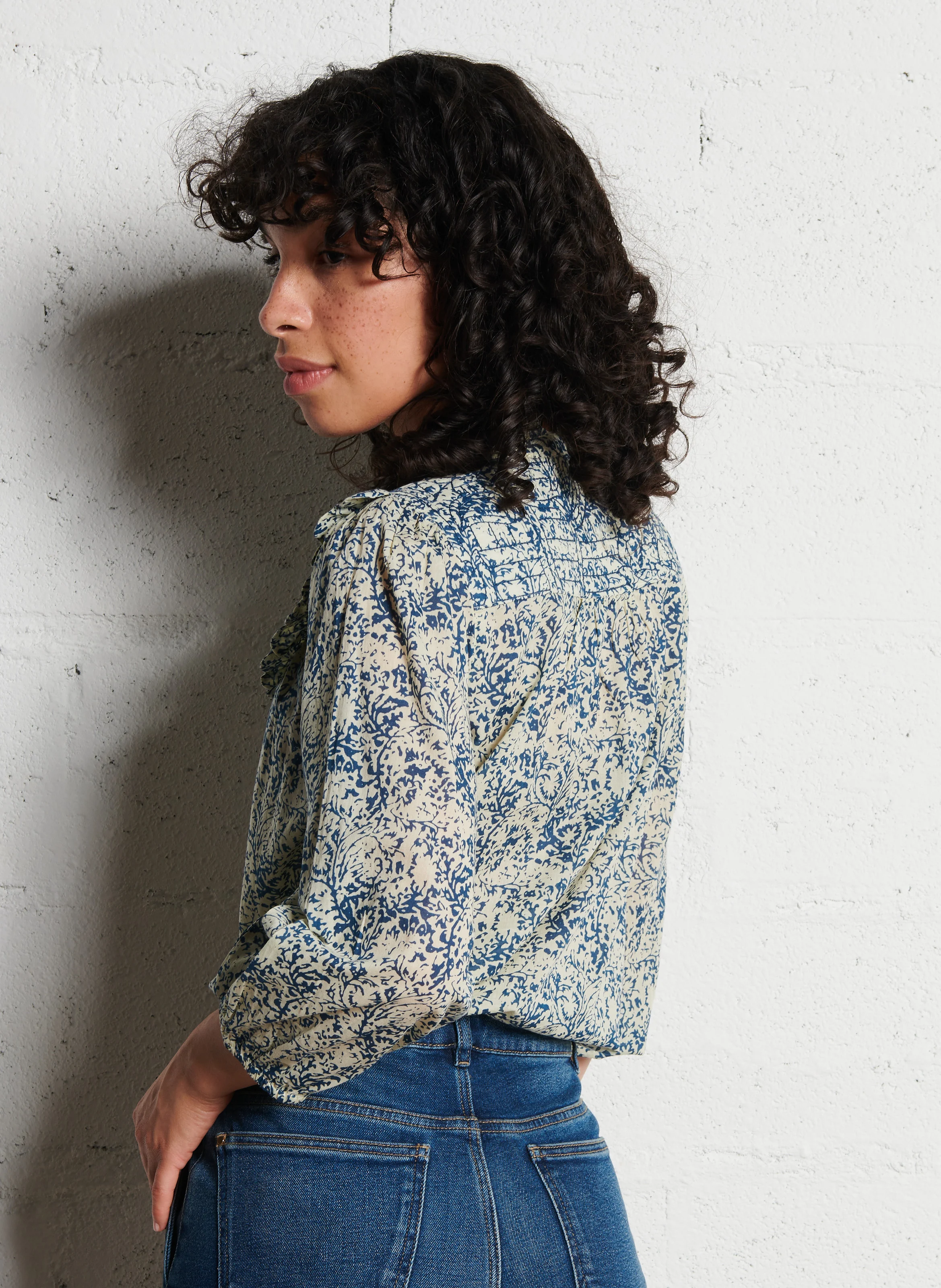 BLANCHE - Blouse col rond en coton | Bleu