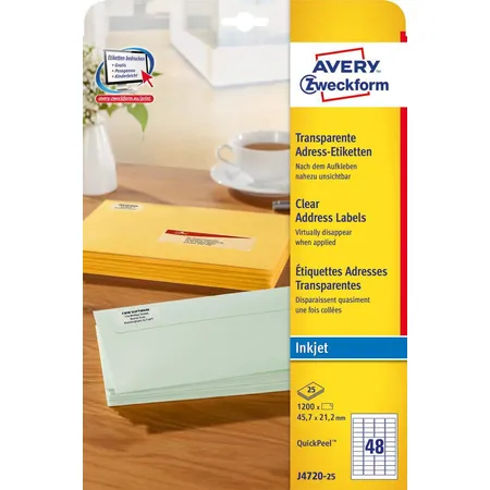 Avery Zweckform J4720-25 Adress-Etiketten,A4 45,7 x 21,2 mm, 25 Bogen/1.200 Etiketten, transparent