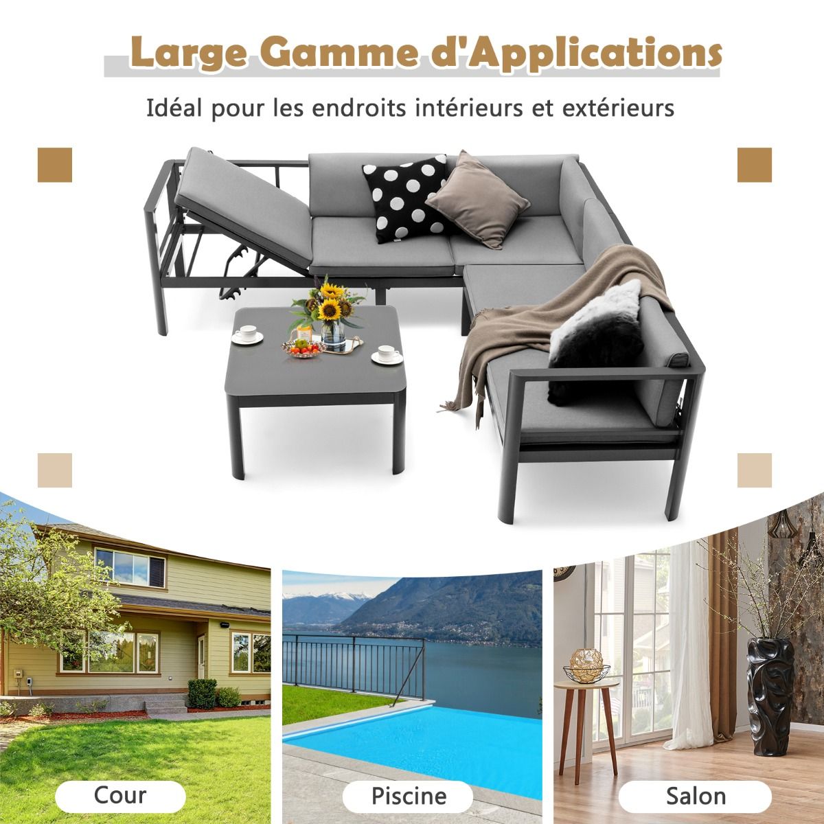 Salon de Jardin Extérieur avec Table Basse en Verre Trempé Canapéavec Dossier Inclinable à 6 Niveaux Coussins Inclus Gris - Lidl-Manfred