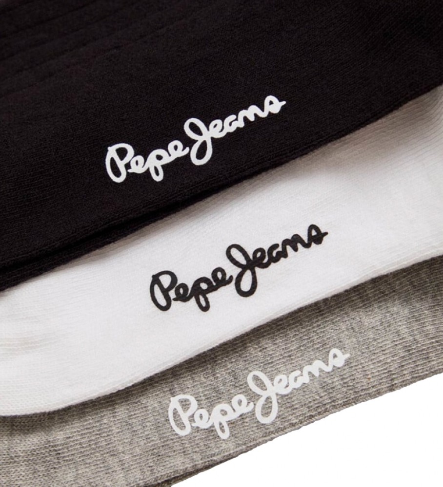 Pacote com 3 pares de meias Pepe Jeans com detalhes em branco, cinza e preto.