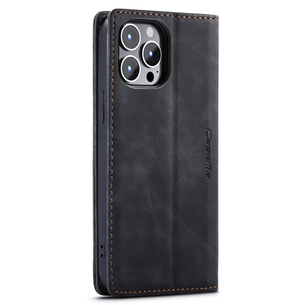 iPhone 14 Pro Leder Tasche Flip Wallet Etui mit Kartenfächern - Schwarz