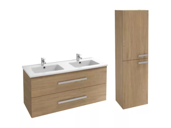 Meuble double vasque 120 cm JACOB DELAFON Ola up + colonne de salle de bain chêne
