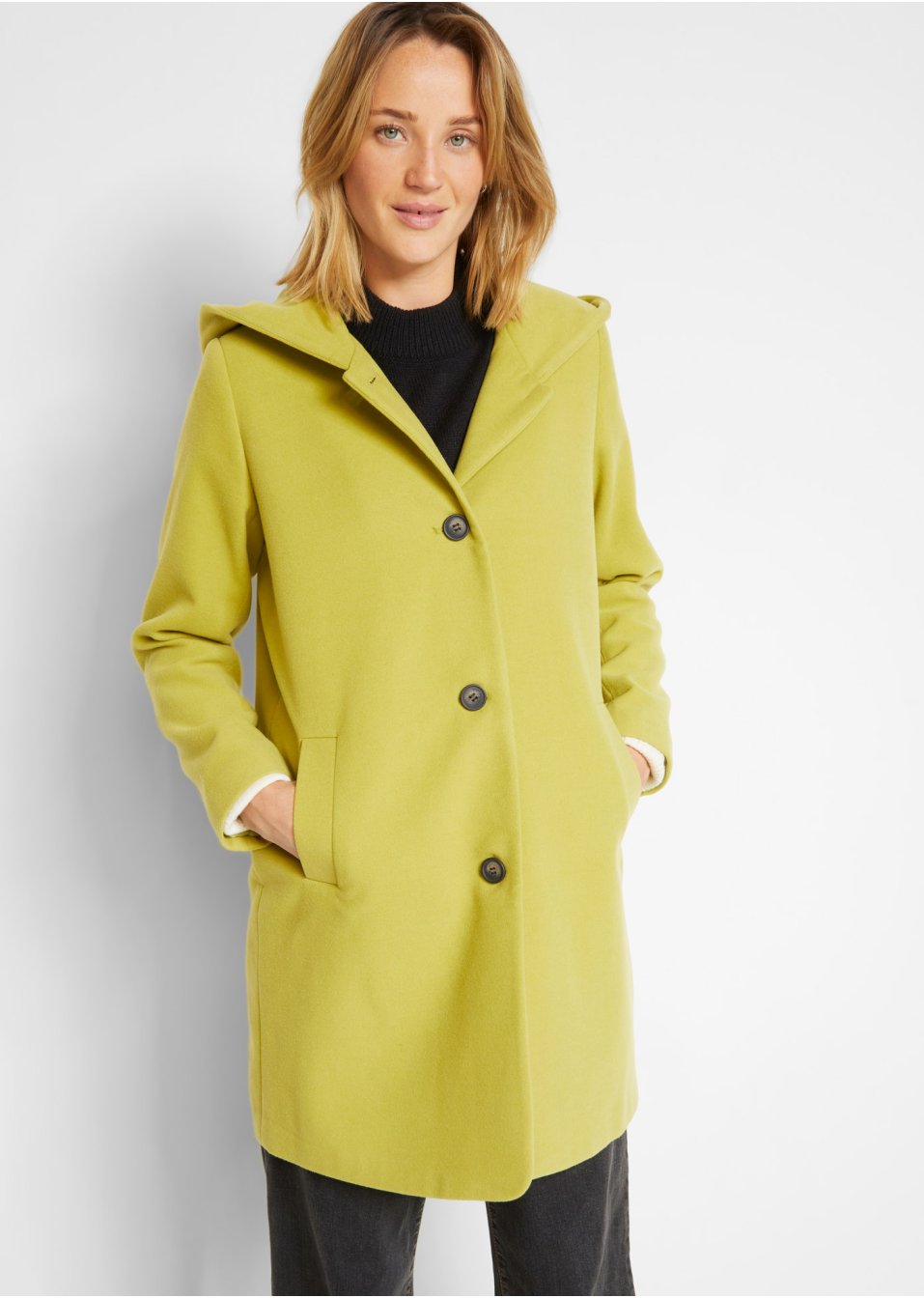 Manteau court imitation laine à capuche