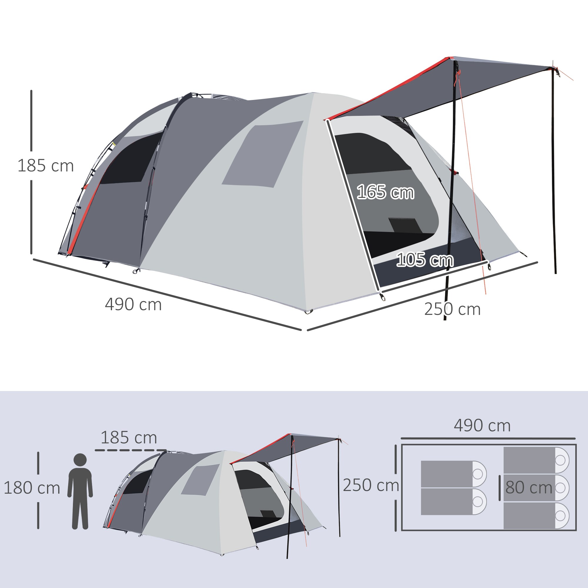 Outsunny Campingzelt mit atmungsaktivem Netz und mobiler Matte grau 490L x 250B x 185H cm