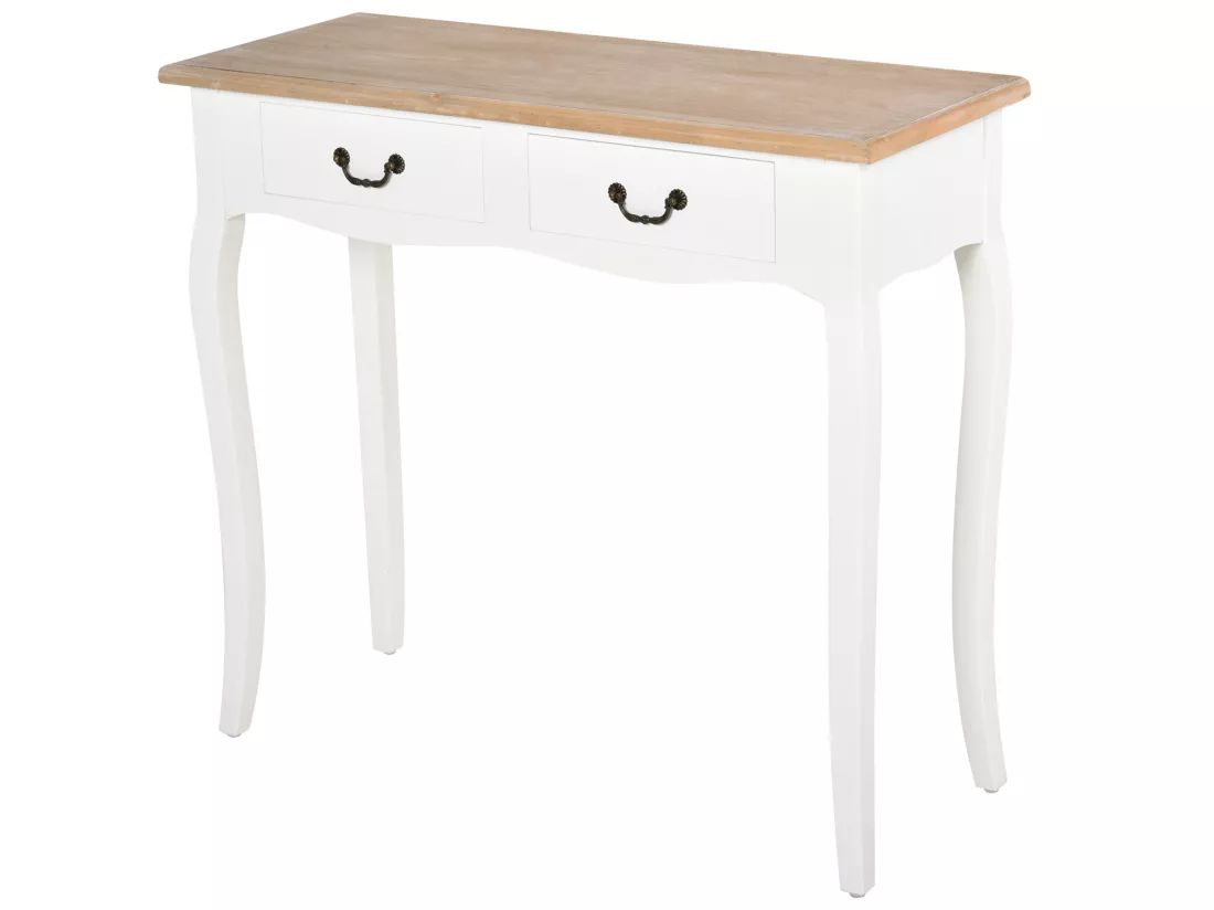 Console style table de drapier style shabby chic 2 tiroirs dim. 87L x 34l x 78H cm MDF bois massif pin clair blanc