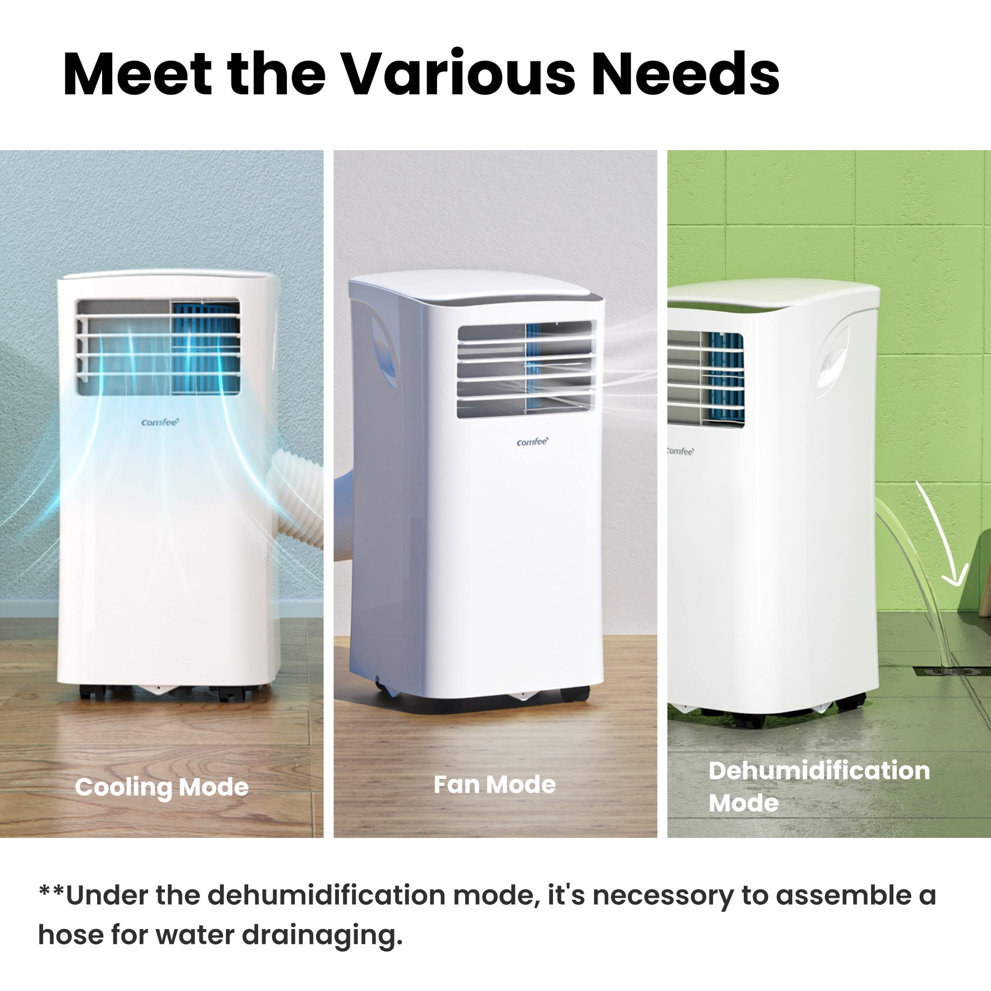 COMFEE' Climatiseur Mobile 9000 BTU/h 2,6kW, 3-EN-1 Refroidisseur Déshumidificateur Ventilateur, Fonction Follow me, Minuterie, Mode nuit, Pour salon