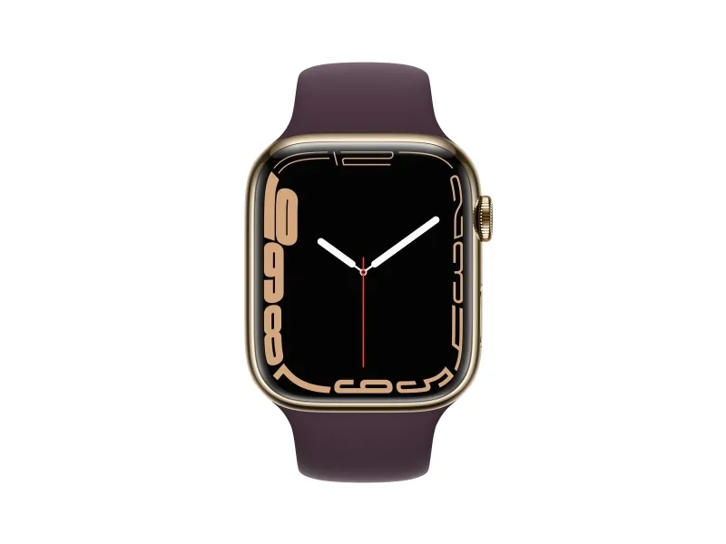 [OUTLET] - Apple Watch Series 7 (GPS   Cellular) - 45 mm - guld rustfrit stål - smart ur med sportsbånd - fluoroelastomer - mørkt kirsebær - båndstørrelse: Almindelig - 32 GB - Wi-Fi, Bluetooth - 4G - 51.5 g