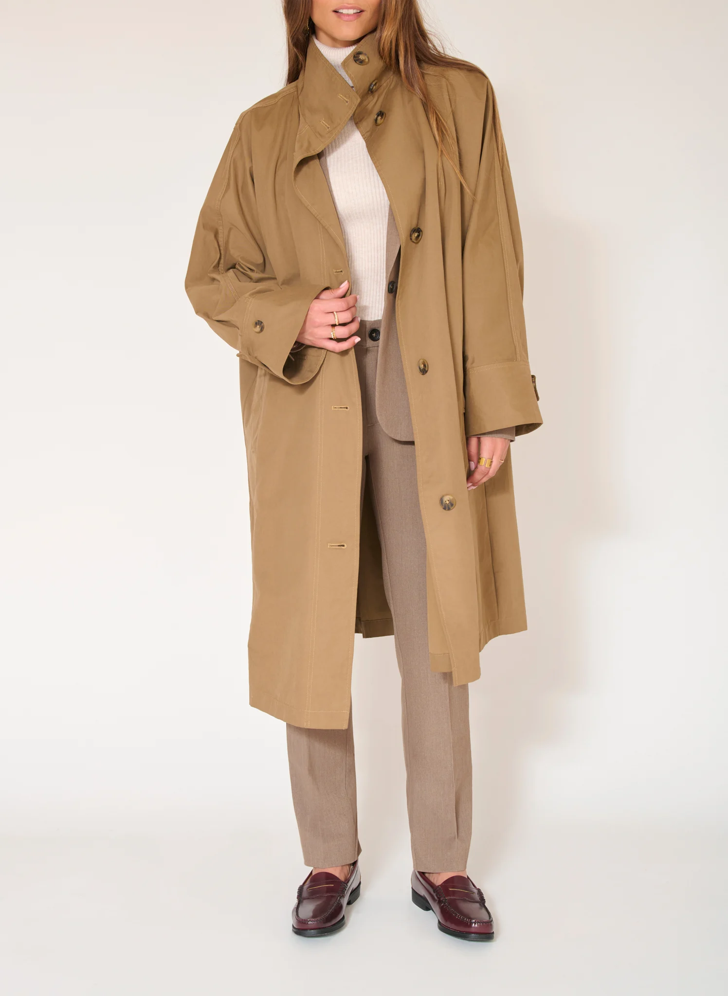 MASTERAS - Manteau long col montant en coton mélangé | Marron