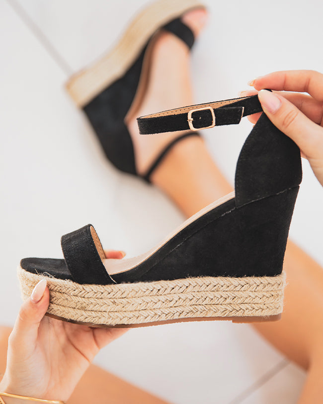 Sandale femme compensée noire daim et corde - Ninon