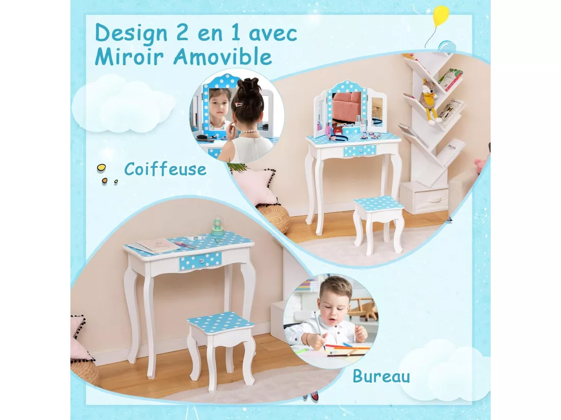 2 en 1 Coiffeuse Enfants Fille avec Miroir Amovible à 3 Volets & Tabouret, Table de Maquillage avec Tiroir & Dispositif Anti-Basculement, Charge 50kg pour Enfants de 3-7 Ans