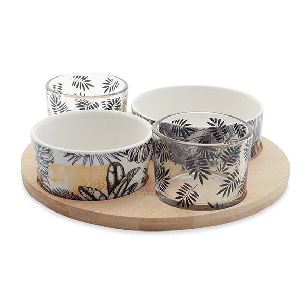 Service apéritif plateau bambou 21 cm 4 coupelles porcelaine et verre