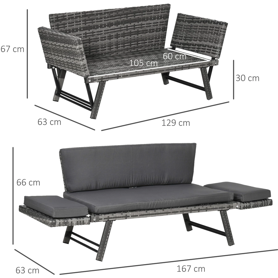 Outsunny Gartensofa mit klappbaren Armlehnen grau