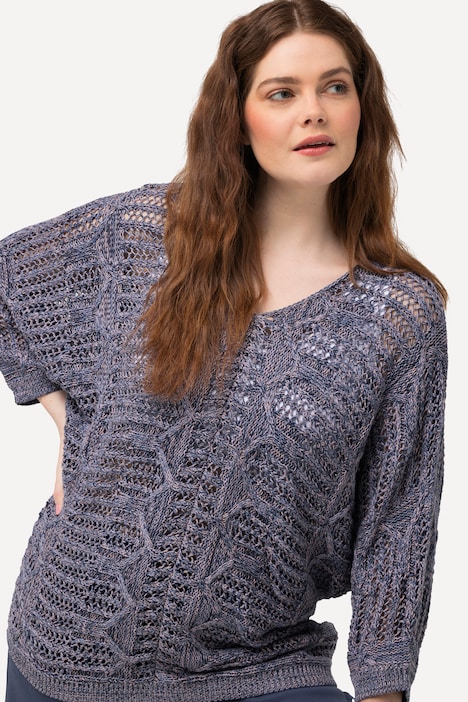 Pullover, Ajourmuster, V-Ausschnitt, 3/4-Arm, Biobaumwolle