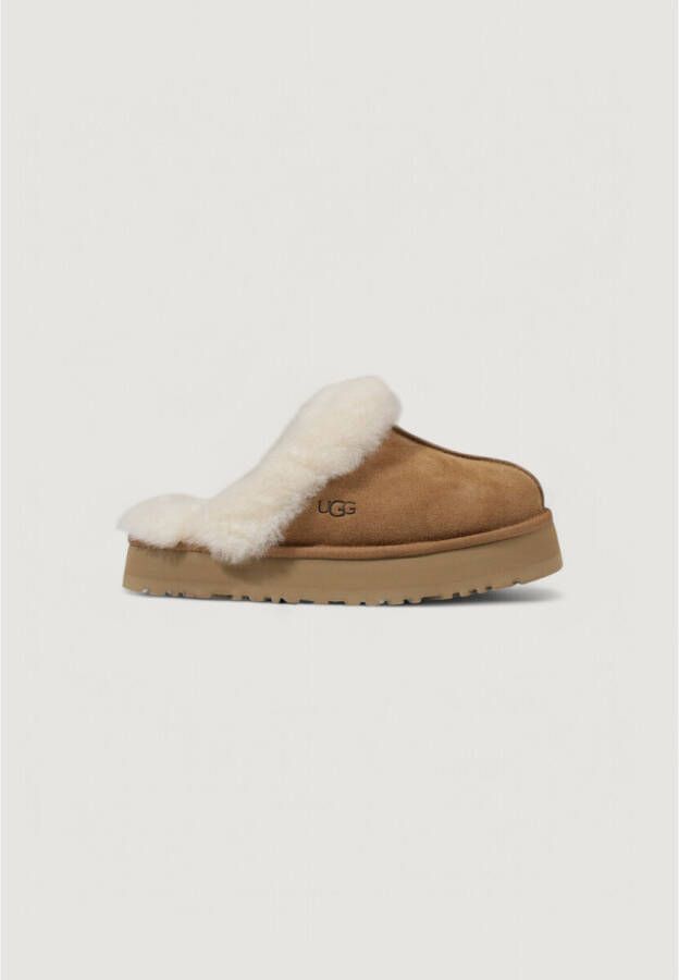 UGG Pantoffels Dames Sloffen Instappers Suède Harde zool Dichte hiel Disquette Cognac