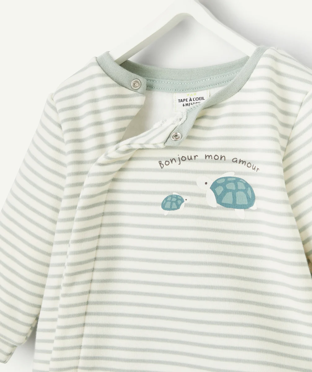 ENSEMBLE MOLLETON BÉBÉ EN FIBRES RECYCLÉES VERT D'EAU À RAYURES AVEC TORTUES