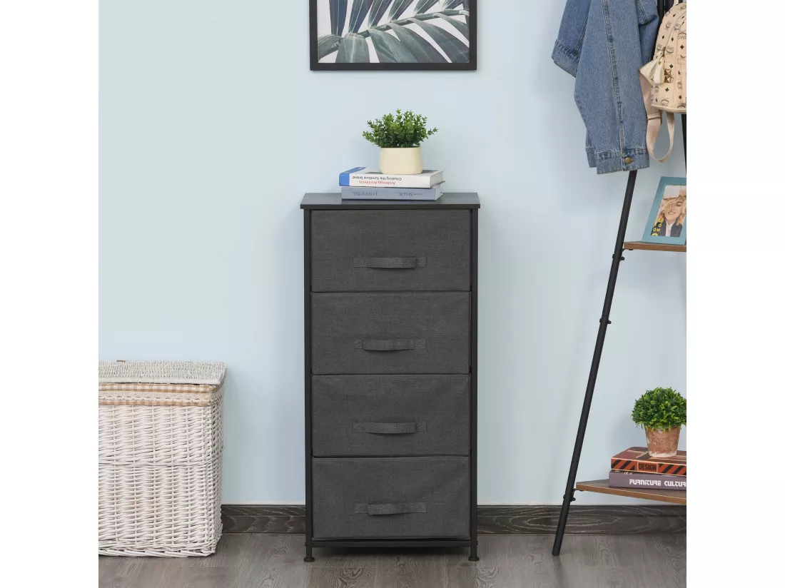 Meuble de rangement 4 tiroirs chiffonnier dim. 45L x 30l x 92H cm métal MDF non tissé noir