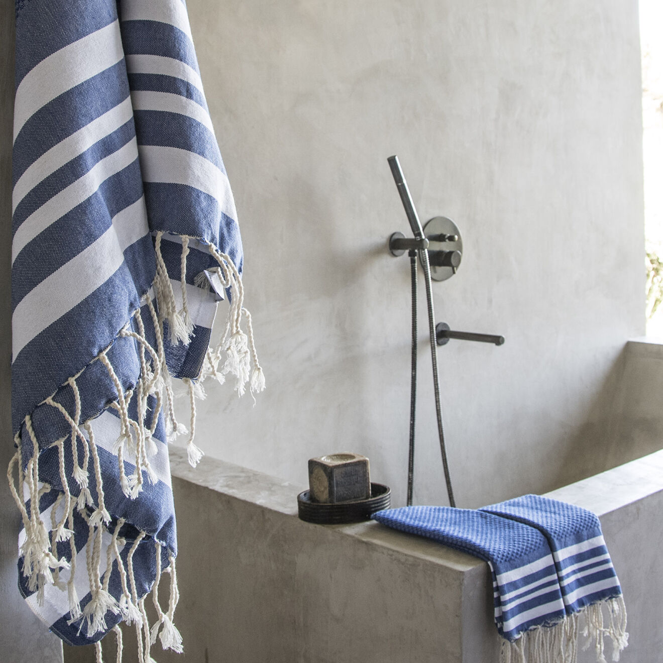 Febronie Set de salle de bain Hamptons bleu grec/blanc - 3 pièces