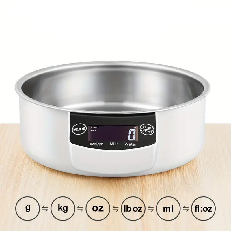 (2-tlg. Set) Digital Küchenwaage   Abnehmbare 1l Edelstahl Schüssel (Batteriebetrieben) - Silber / Weiss