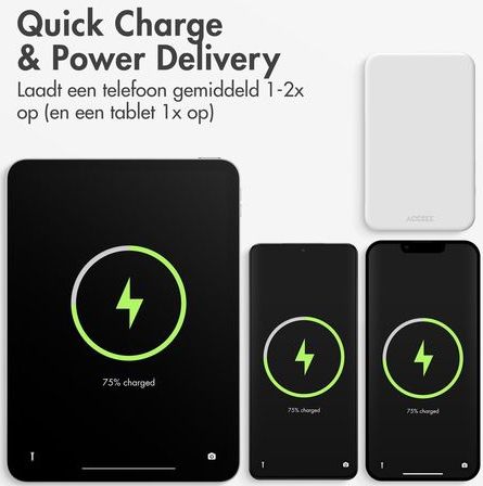 Accezz - Powerbank 10.000 mAh - Wit - Geïntegreerde Kabels