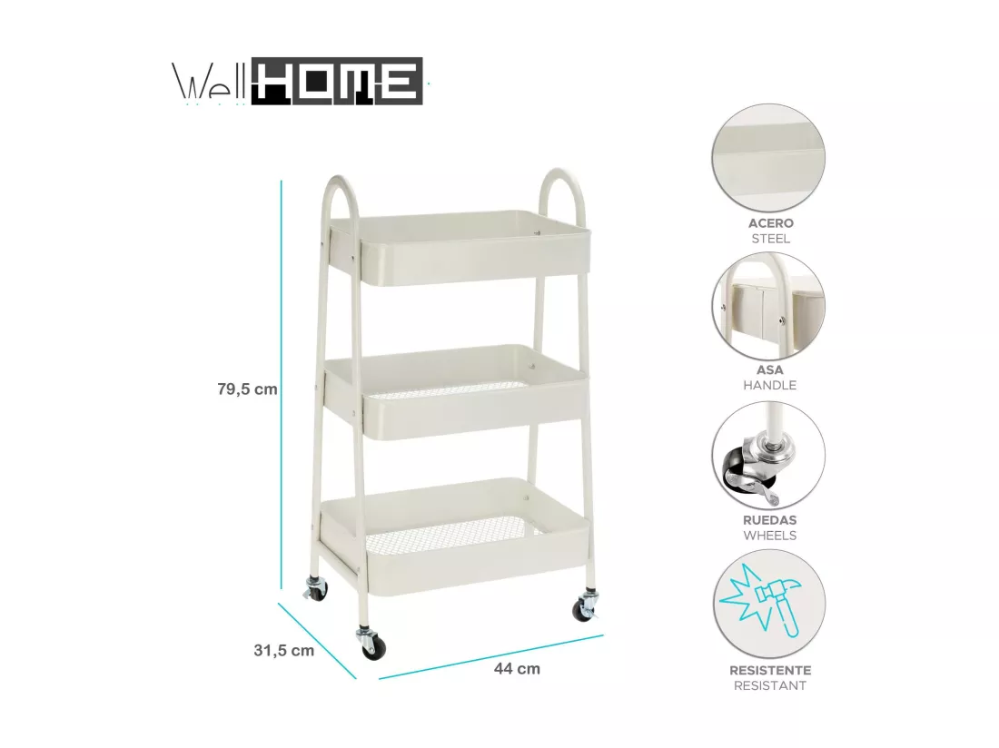 Chariot de cuisine Well Home blanc avec 3 paniers et roulettes H.79,5cm