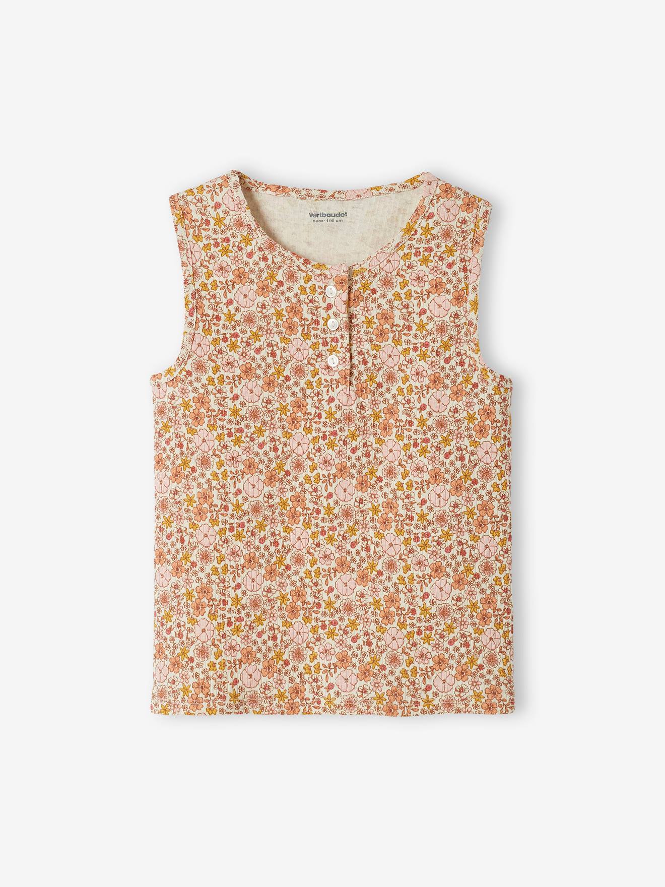 Regata feminina de malha canelada com estampa floral multicolorida