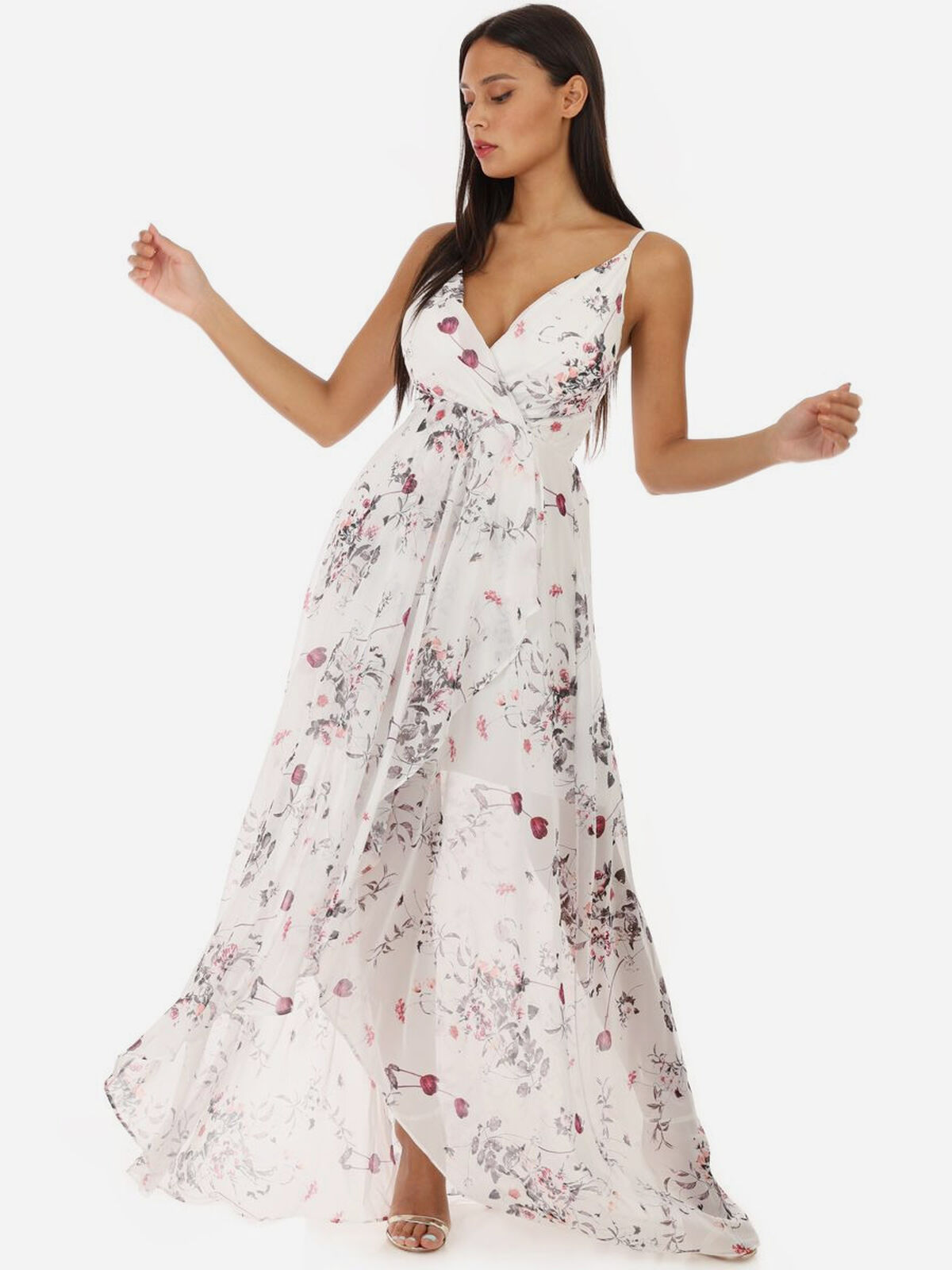 Robe longue portefeuille à fleurs- Blanc