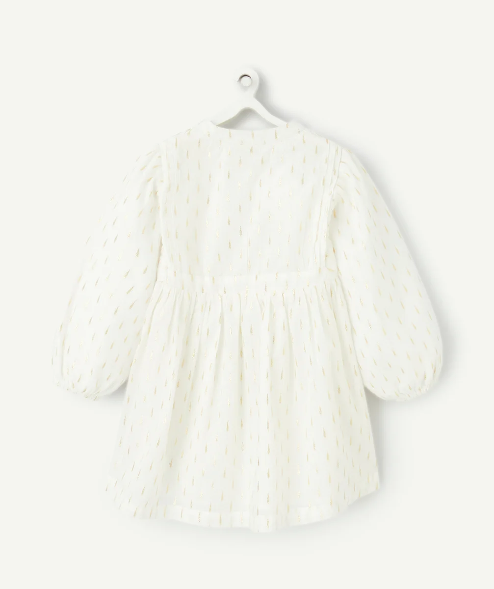 ROBE MANCHES LONGUES BÉBÉ FILLE BLANCHE ET DÉTAILS COULEUR DORÉE