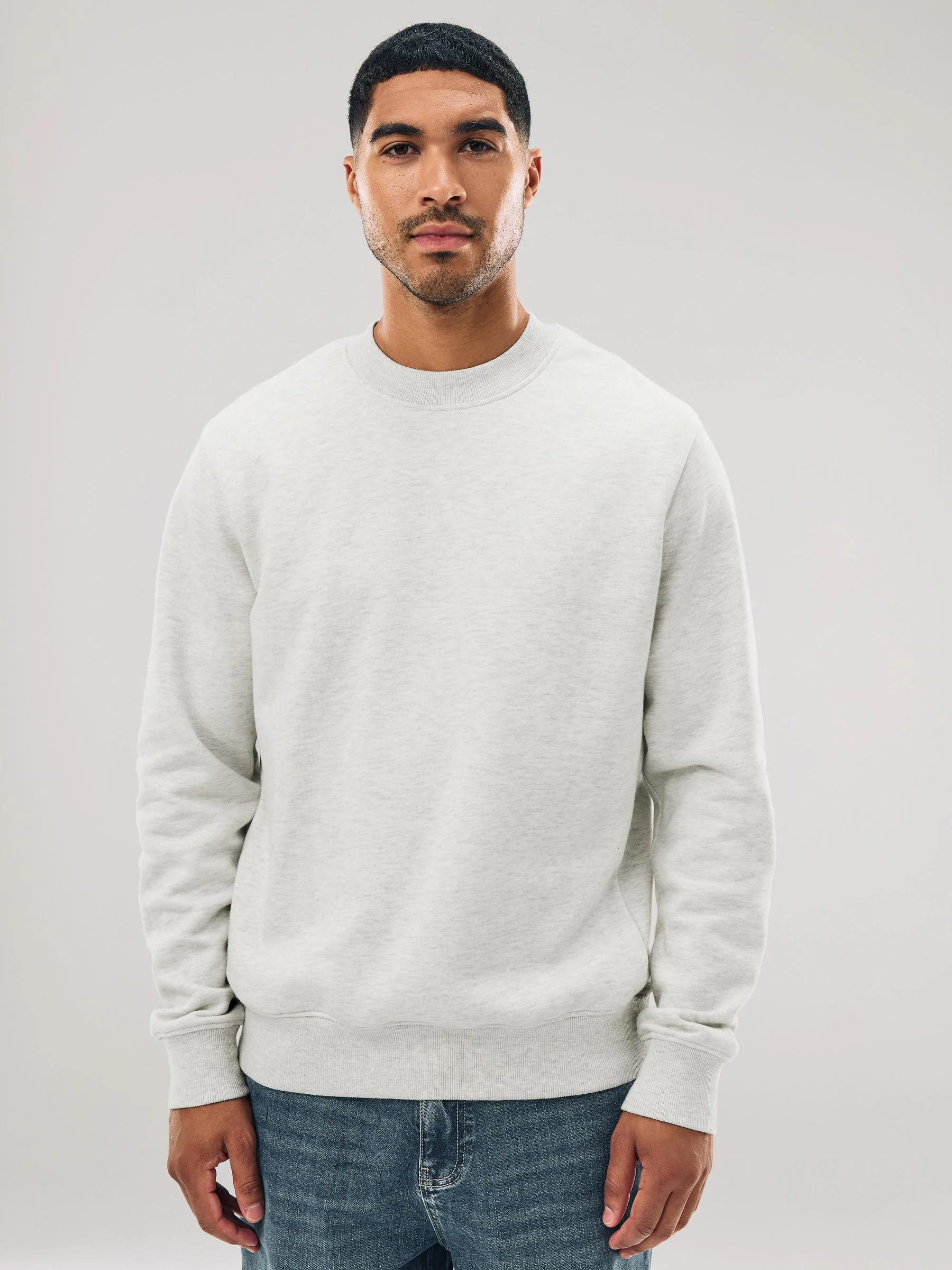 Ecru gemêleerd - Normale Pasvorm - Dik sweatshirt met ronde hals en hoog katoengehalte
