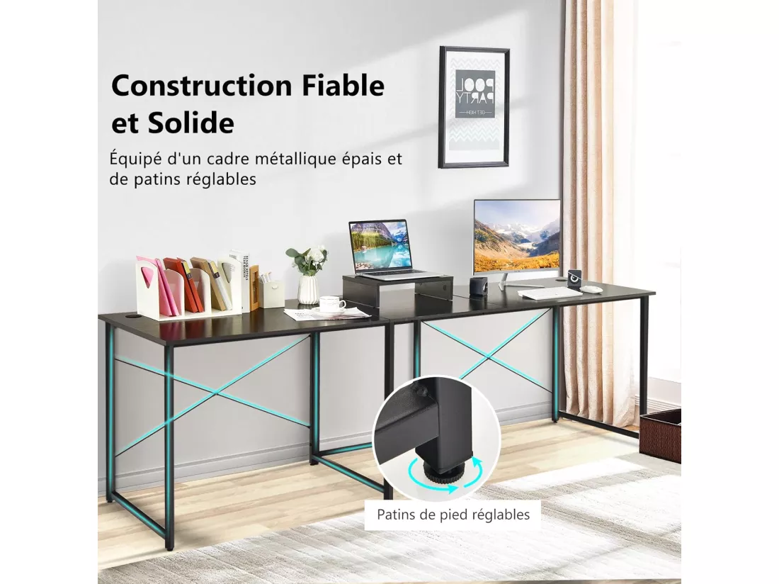 Bureau d'angle en L Réversible avec Support de Moniteur/Poste de Travail Industriel pour 2 Personnes avec 3 Trous de Câble-Assemblage Facile-150 x 150 x 74 CM, Brun