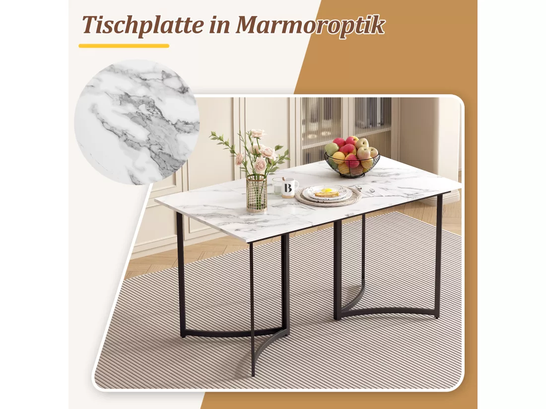 Table à manger rectangulaire 4 à 6 couverts - 140 x 80 x 75.5 cm - MDF et pièds en métal - Effet marbre - Blanc