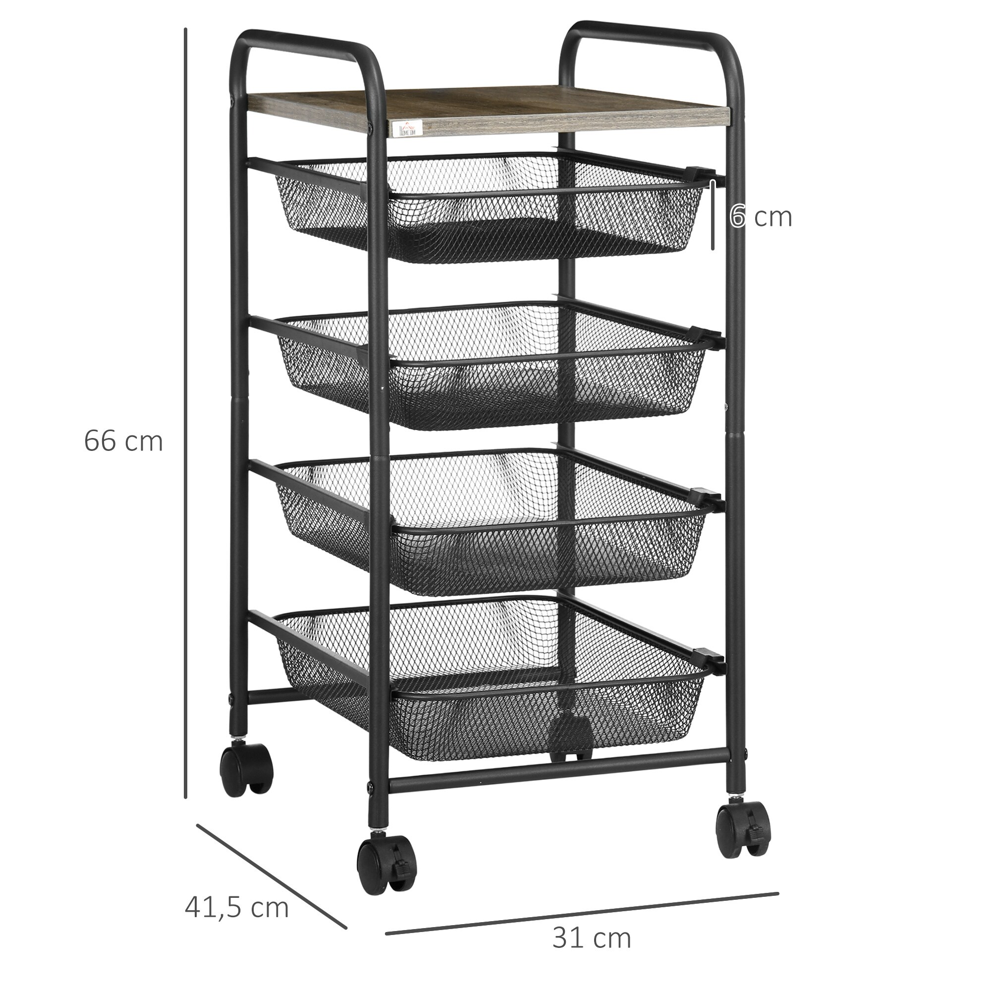 HOMCOM Rollwagen mit 4 Körben und eine Ablagefläche schwarz 41,5L x 31B x 66H cm