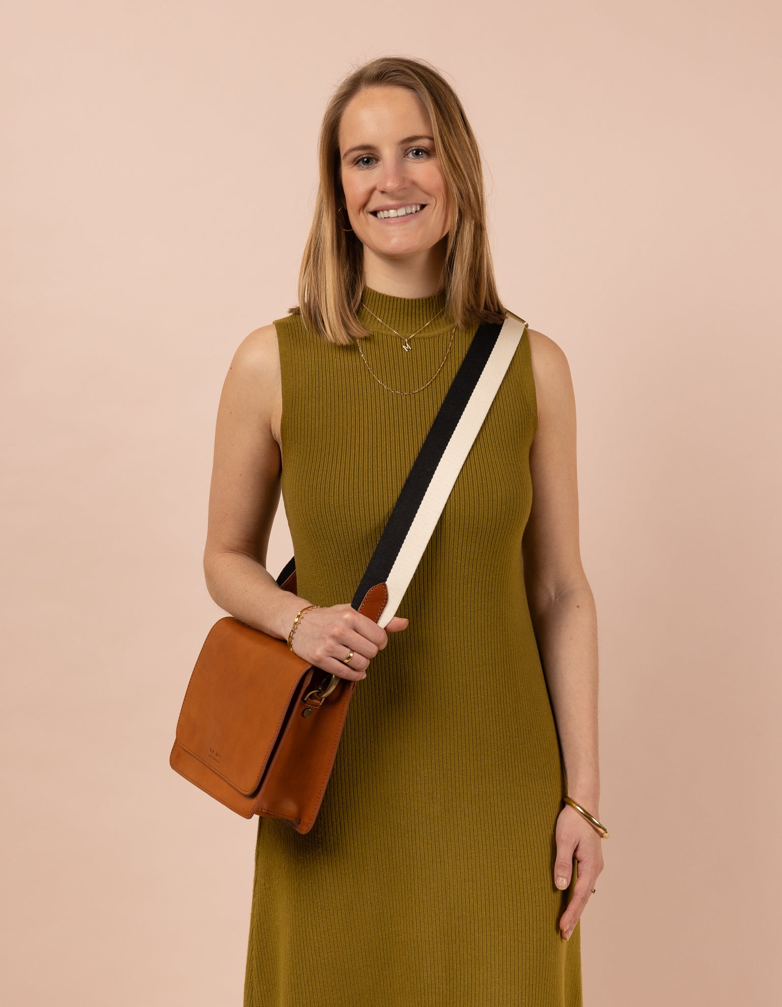 Perfectly Imperfect Striped Webbing Strap - Black & White / Cognac Classic Leather