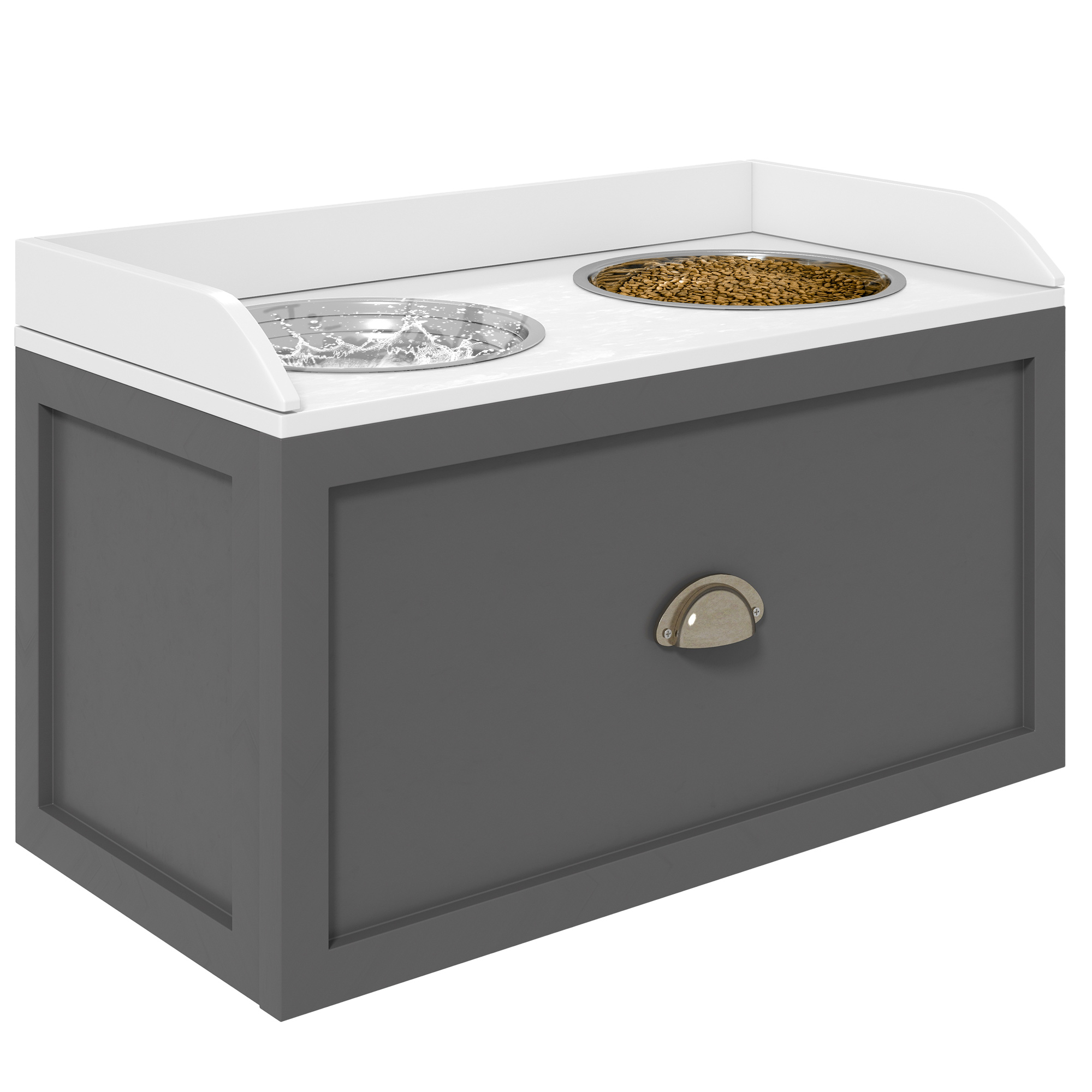 Comedouro elevado PawHut para cães grandes, com 2 tigelas de aço inoxidável, capacidade de 2000 ml, gaveta oculta, suporte de madeira para animais de estimação, 60 x 30 x 36 cm, cinza e branco.