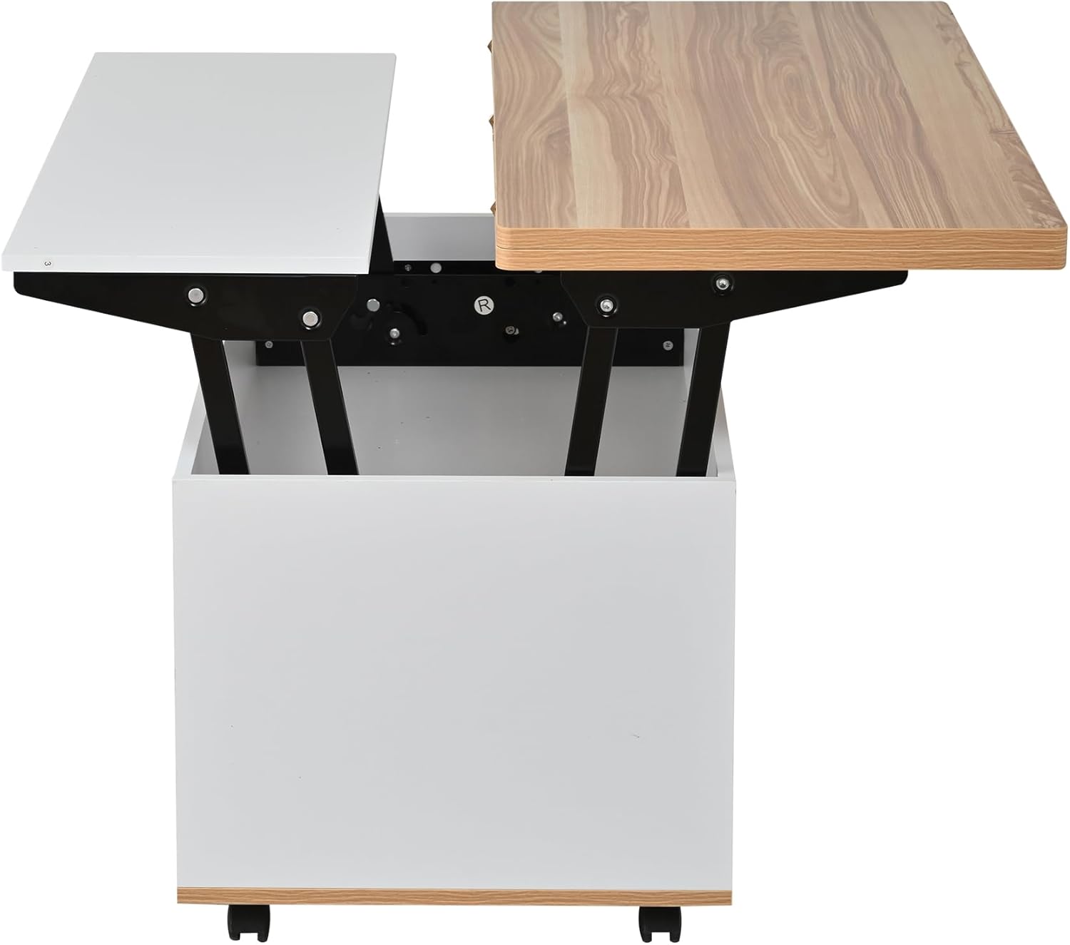Merax Couchtisch, höhenverstellbarer Wohnzimmertisch, 3-in-1-Multifunktions-Kaffeetisch mit Verstecktem Stauraum & Schubladen & Rollen, Umwandelbar in Esstisch, Sofatisch für Büro, Weiß & Holzfarbe