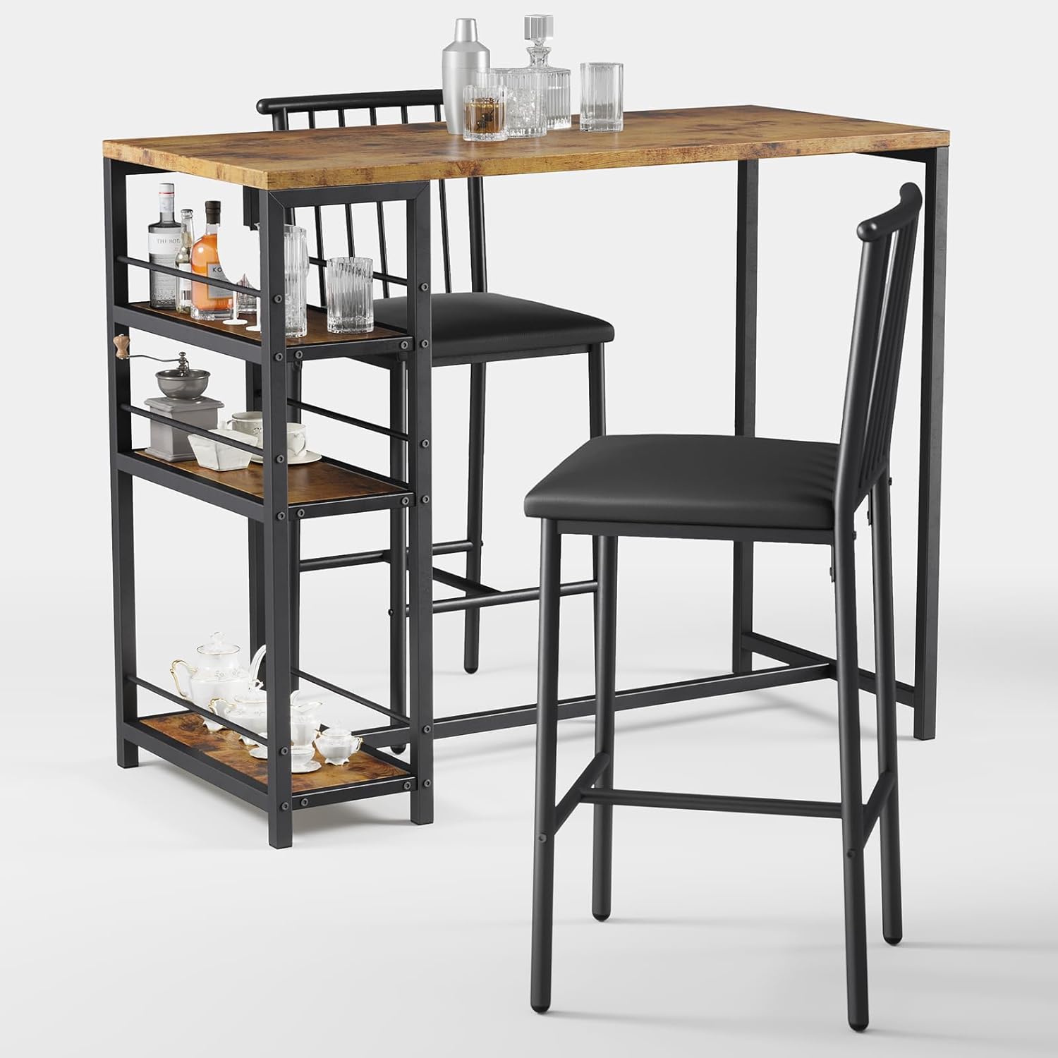 Xbro Bartisch Set 3-teilig, Küchentisch mit Stühlen für Küche, Esszimmer, Bistro, etc. Esstisch und 2 Stühle mit Rückenlehne und Polsterung(Braun)