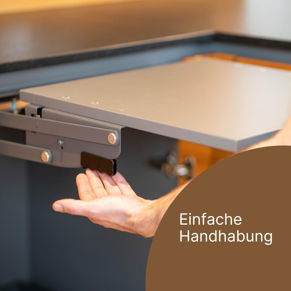 Schwenkmechanik Thermomix FixLift®, Schrankbreite 60cm, Belastung 15kg, fertig montiert mit Dekorplatte grau, verstärkte Konstruktion (patentiert), einfache Arretierung per Hand, auch für TM7 geeignet
