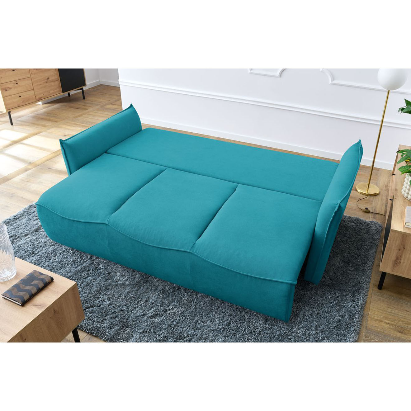 Bobochic Canapé 3 places convertible coffre Bouclette Leon bleu foncé - 226x97x90 cm