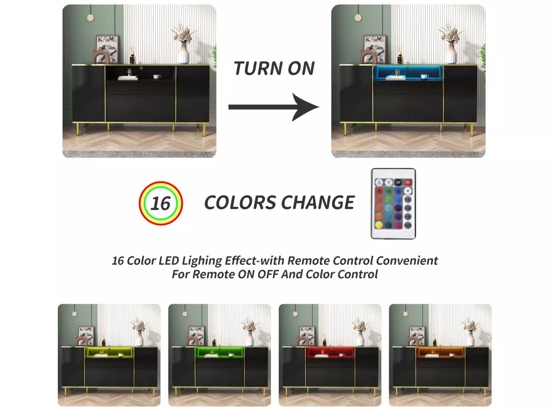 Buffet avec 4 portes et 2 tiroirs en panneaux de particules - leds - noir brillant