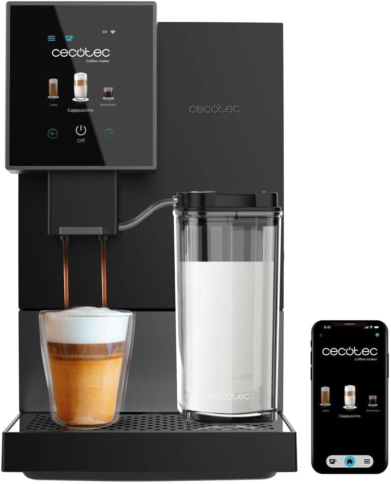 Cecotec Kompakte Superautomatische Kaffeemaschine mit Wifi Cremmaet Compactccino Connected Black Silver. 1350W, 19 Bar, TFT-Bildschirm und APP, Mahlwerk, Milchtank 400 ml und 1 Liter Wasser
