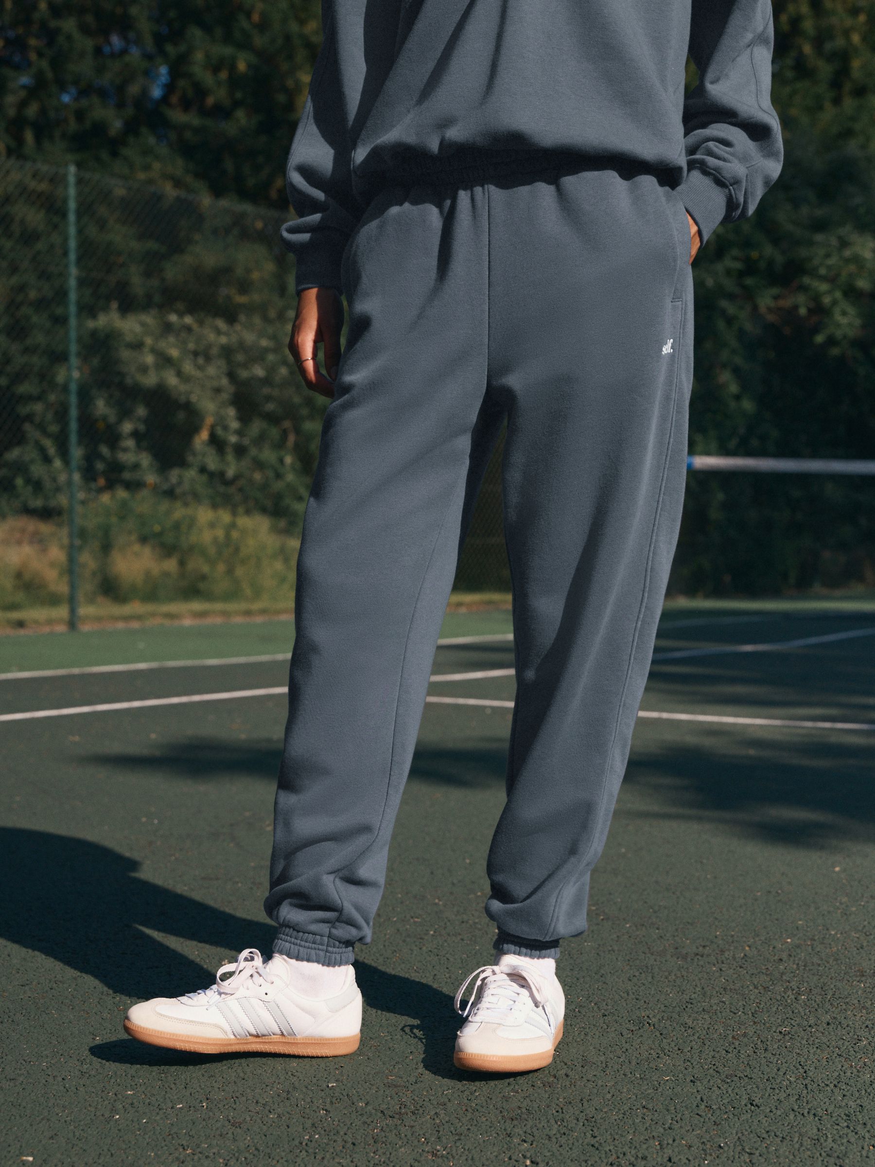 Blauw - Self. joggingbroek met boorden