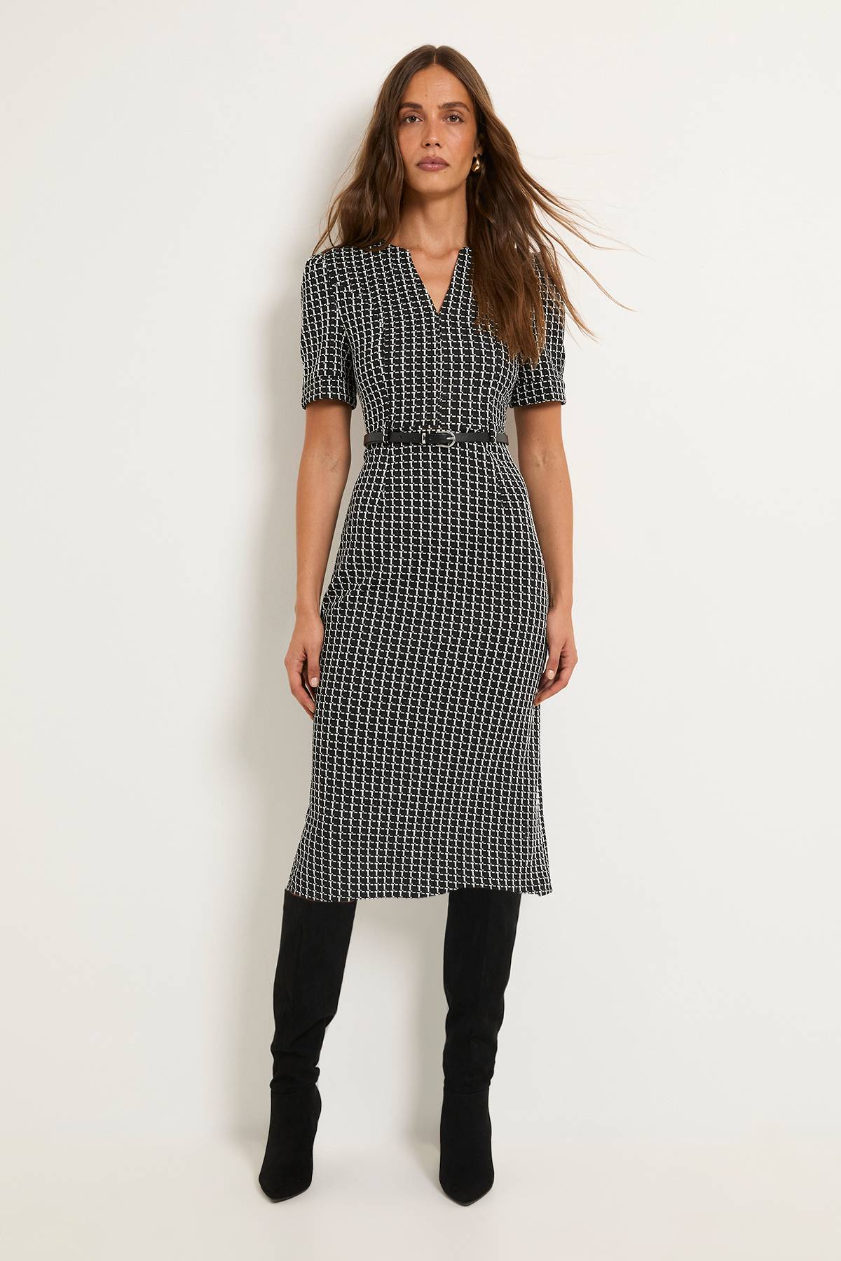 Wallis Robe Midi Ceinturée En Ponte À Carreaux