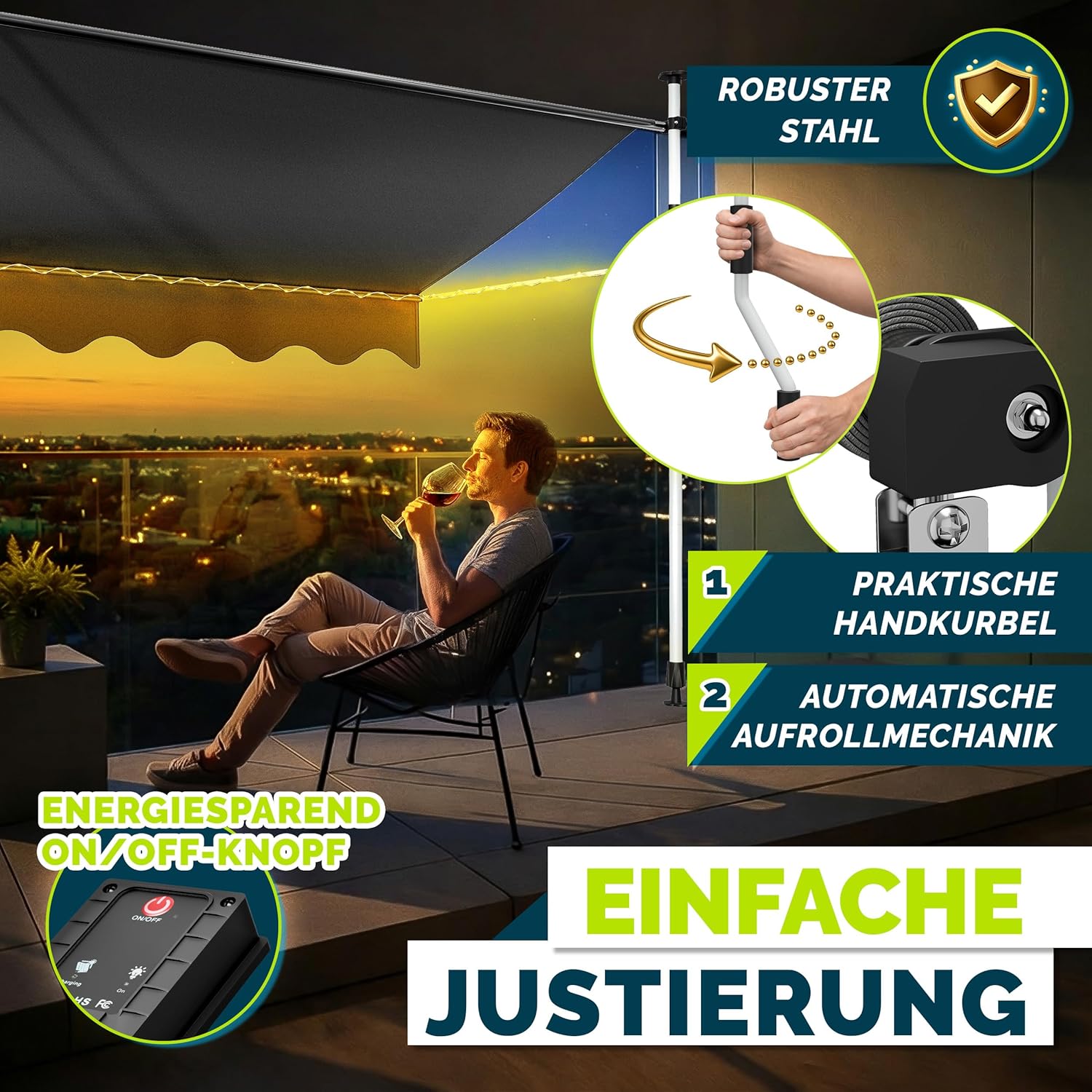 tillvex Klemmmarkise mit Handkurbel & LED Lichterkette Balkon | Balkonmarkise ohne Bohren | Markise UV-beständig & höhenverstellbar | Sonnenschutz Terrasse & Garten wasserdicht (Grau, 300cm)