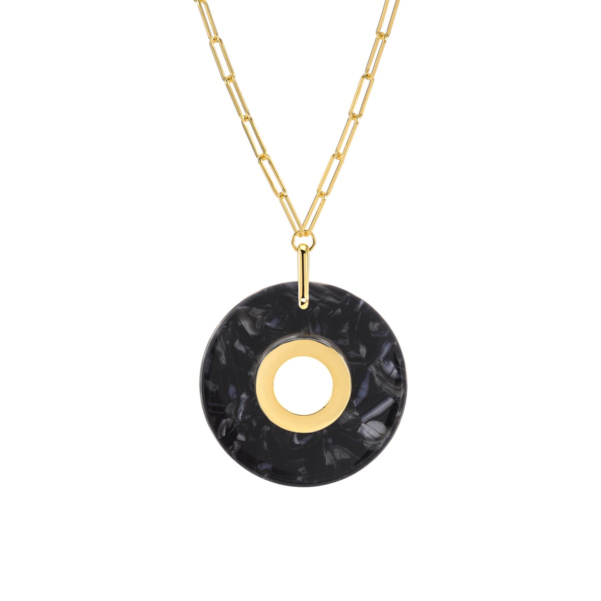 Collier En Argent Doré Et Pendentif Rond En Acétate Noire
