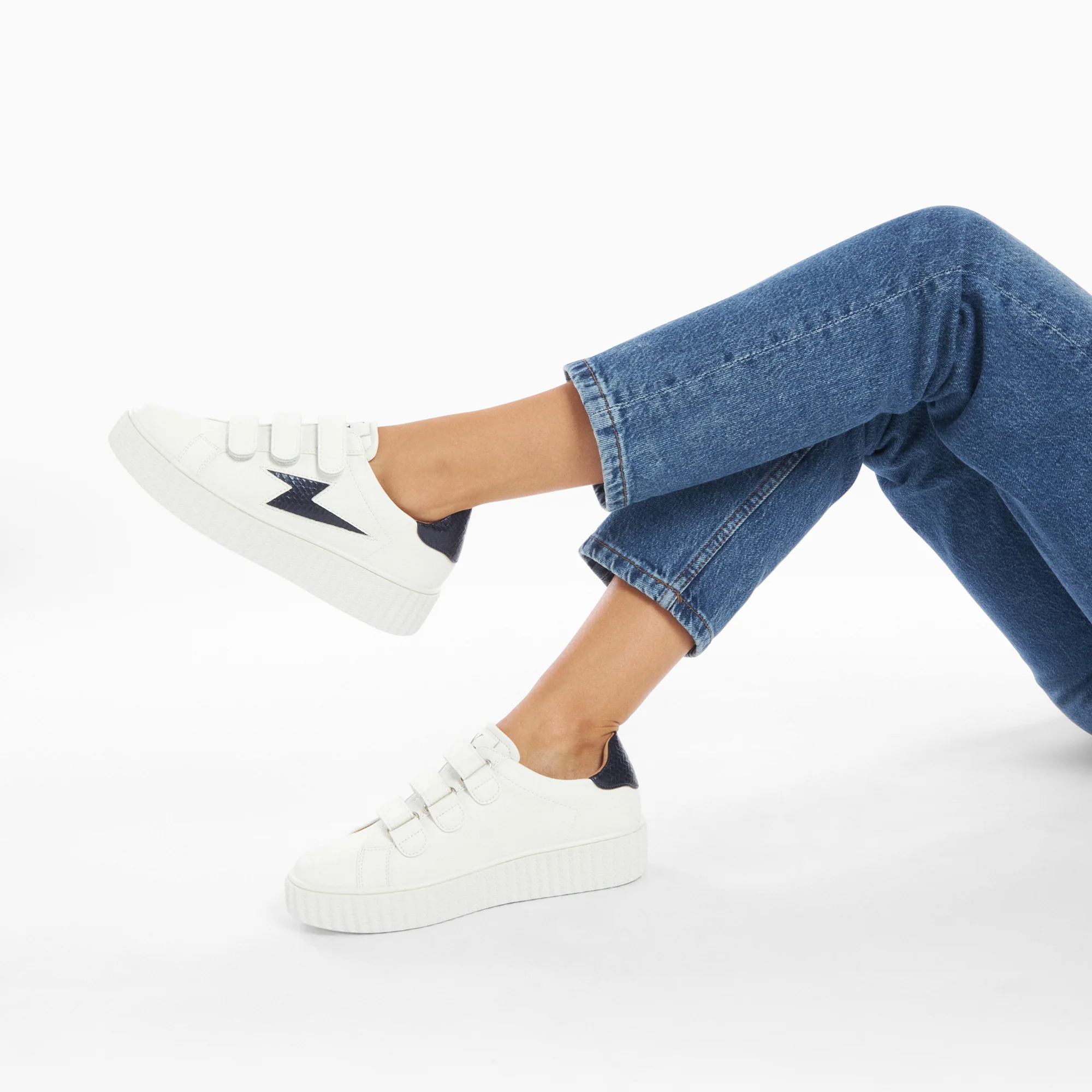 Sneakers-Baskets éclair Eva blanc et bleu marine serpent à scratchs