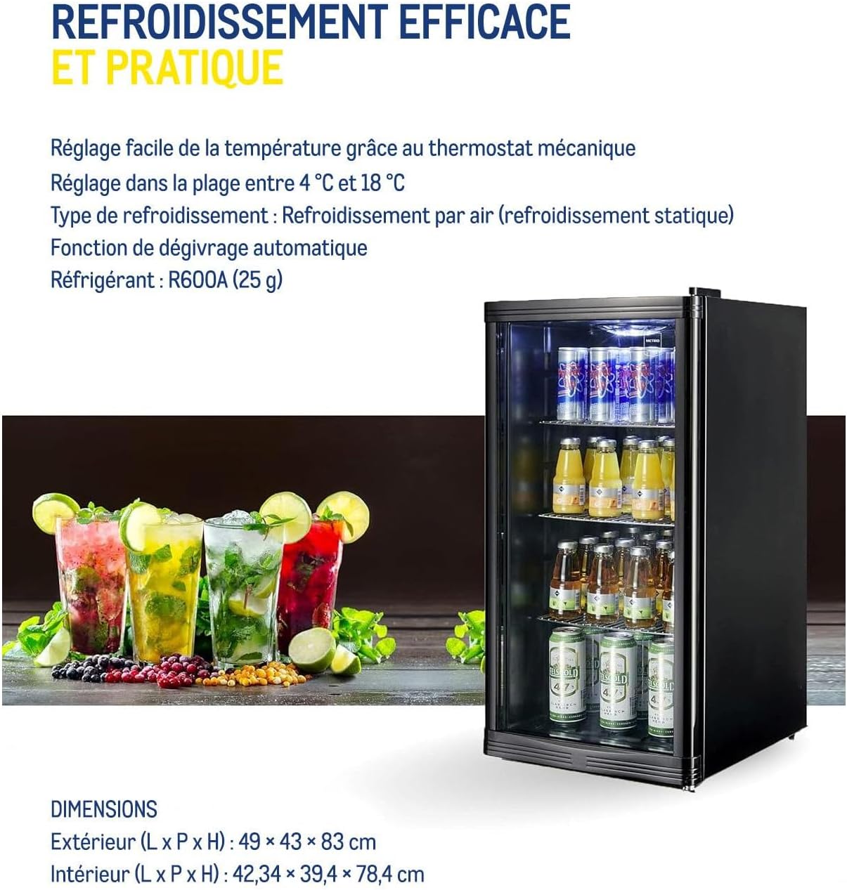 METRO Professional Réfrigérateur à boissons GPC1088, métal/verre, 43 x 49 x 83 cm, 88 L, réfrigération statique, noir