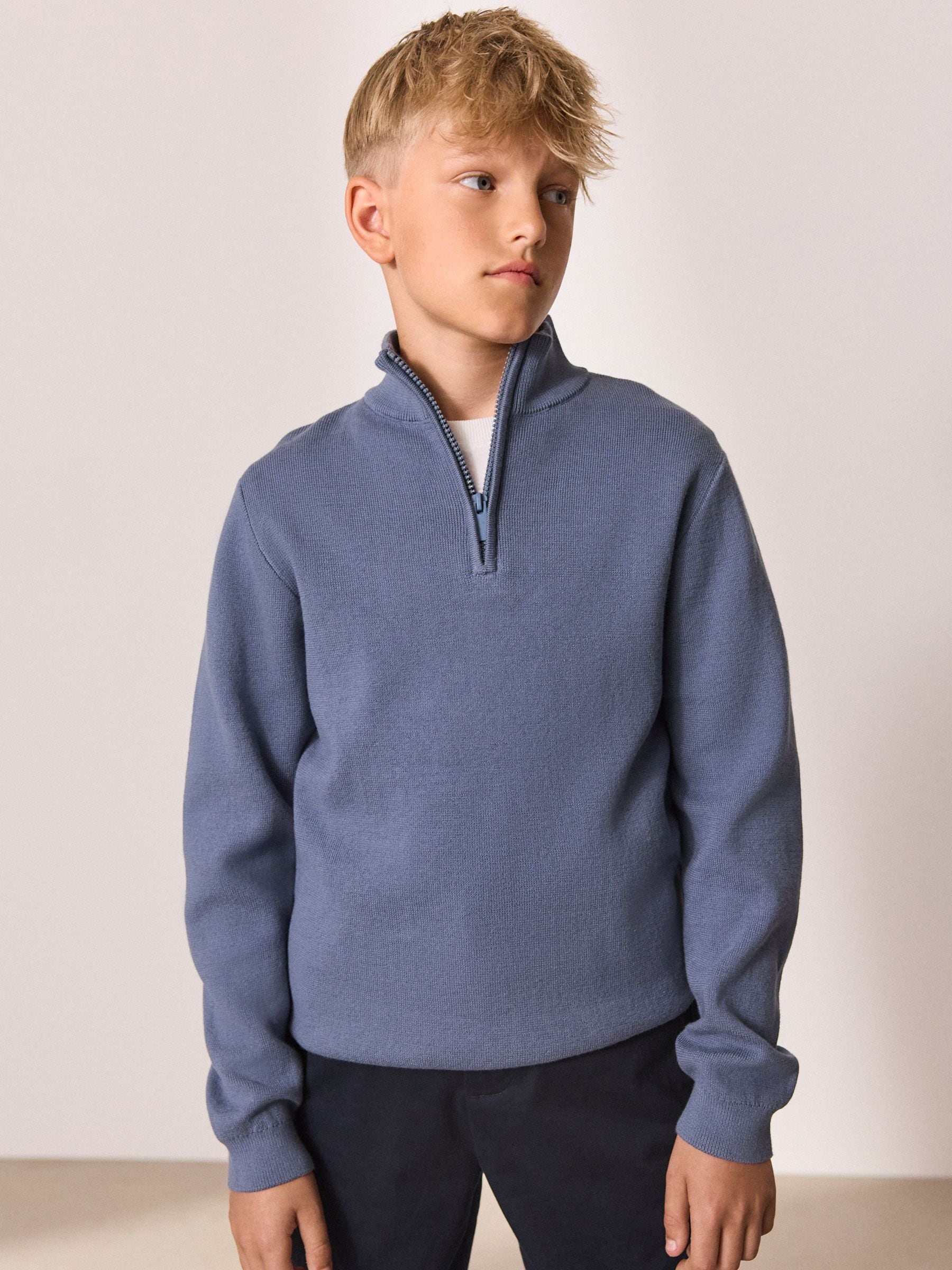 Blauw - Trui met kwartrits (3-16jr)