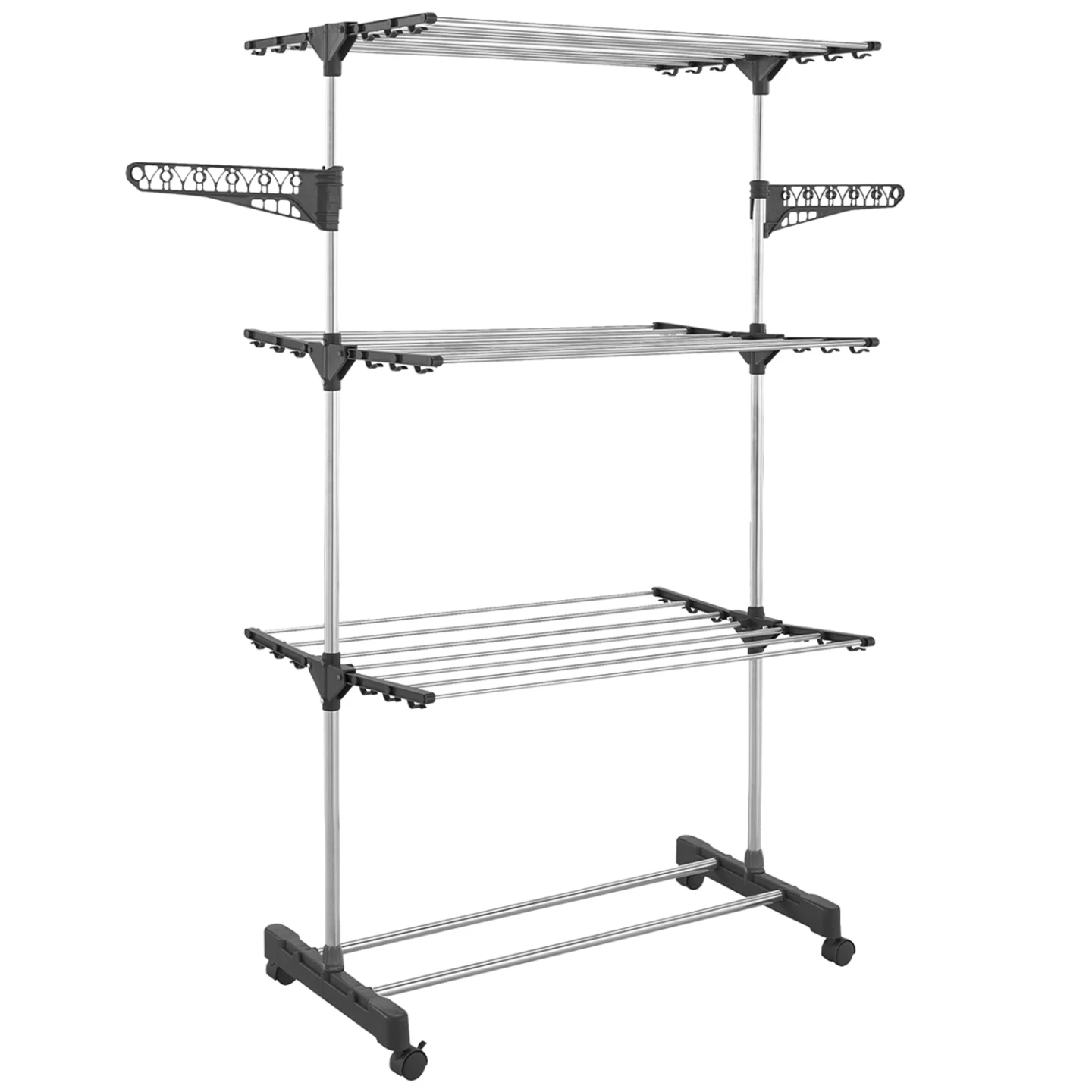 Séchoir à linge vertical pliable 3 niveaux MAXIMA capacité 25M avec ceintres et pinces inox et gris